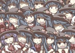 Rule 34 | 6+girls, :&lt;, :d, ascot, blue hair, blush, bow, bowtie, capelet, clenched hands, clone, drooling, closed eyes, female focus, food, frills, fruit, gaoo (frpjx283), grey eyes, hat, hat ribbon, hinanawi tenshi, hug, long hair, multiple girls, multiple persona, nagae iku, odd one out, one eye closed, open mouth, peach, purple hair, ribbon, short hair, smile, sparkle, too many, touhou, wavy mouth, wink