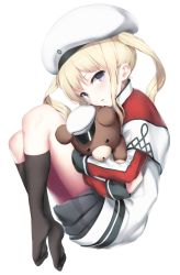Rule 34 | 10s, 1girl, aged down, beret, black skirt, black socks, blonde hair, blue eyes, capelet, fueru nattou, graf zeppelin (kancolle), hat, kantai collection, kneehighs, knees up, long hair, long sleeves, looking at viewer, military hat, no shoes, hugging object, parted lips, simple background, skirt, socks, soles, solo, stuffed animal, stuffed toy, teddy bear, twintails, wavy hair, white background