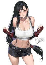 Rule 34 | 1girl, bare shoulders, belt, black belt, black gloves, black hair, black skirt, breasts, cleavage, clenched hands, closed mouth, collarbone, commentary request, cowboy shot, crop top, earrings, elbow gloves, final fantasy, final fantasy vii, final fantasy vii remake, fingerless gloves, floating hair, gloves, hair behind ear, hands up, jewelry, large breasts, lips, long hair, looking at viewer, low-tied long hair, masami chie, midriff, miniskirt, navel, red eyes, red gloves, shirt, sidelocks, signature, simple background, skirt, sleeveless, smile, solo, stomach, suspenders, swept bangs, tank top, taut clothes, taut shirt, thighs, tifa lockhart, white background, white tank top