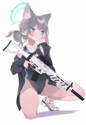 Rule 34 | 1girl, absurdres, animal ear fluff, animal ears, assault rifle, black jacket, black one-piece swimsuit, blue archive, blue eyes, competition swimsuit, cross hair ornament, extra ears, grey hair, gun, hair ornament, halo, highres, hood, hooded jacket, hoodie, jacket, low ponytail, medium hair, mismatched pupils, multicolored clothes, multicolored swimsuit, one-piece swimsuit, rifle, rippootai, sandals, shiroko (blue archive), shiroko (swimsuit) (blue archive), sig sauer 556, simple background, solo, squatting, swimsuit, weapon, white background