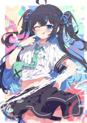 1girl absurdres ahoge aqua_bow aqua_bowtie black_hair black_skirt blue_eyes blue_hair bow bowtie bracelet collared_shirt colored_inner_hair hair_bow hand_on_own_hip heart_sticker highres hua-huahua jewelry multicolored_background multicolored_hair navel one_eye_closed original shirt skirt smile sticker_on_face thigh_strap tongue tongue_out twintails white_shirt