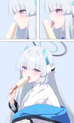 Rule 34 | 1girl, absurdres, blue archive, blue background, blue necktie, dress shirt, eating, food, food in mouth, grey hair, headphones, highres, ice cream, jacket, long hair, looking at viewer, necktie, noa (blue archive), popsicle, popsicle in mouth, purple eyes, reia 76, shirt, solo, tongue, tongue out, white jacket, white shirt