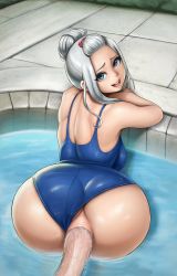 Rule 34 | 1boy, 1girl, absurdres, abyssdagon, ass, bent over, blush, breasts, clothing aside, enenra, fairy tail, happy sex, hetero, highres, large breasts, lipstick, long hair, looking back, makeup, mirajane strauss, one-piece swimsuit, pool, sex, swimsuit, swimsuit aside, vaginal, white hair