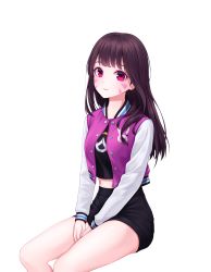 Rule 34 | 1girl, absurdres, between legs, black shorts, brown hair, casual, d.va (overwatch), facial mark, hand between legs, highres, invisible chair, logo, long hair, long sleeves, midriff, midriff peek, overwatch, overwatch 1, red eyes, shirt, short shorts, shorts, simple background, sitting, solo, stomach, straight hair, white background, white shirt, white sleeves, yuyo (i iuyo)