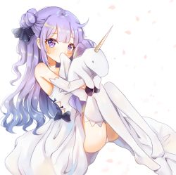 Rule 34 | 1girl, azur lane, black bow, black ribbon, blush, bow, commentary request, covered mouth, detached sleeves, dress, hair bun, hair ribbon, long hair, long sleeves, looking at viewer, lp (siston), no shoes, hugging object, one side up, petals, purple eyes, purple hair, ribbon, side bun, sidelocks, single hair bun, single side bun, solo, strapless, strapless dress, stuffed animal, stuffed pegasus, stuffed toy, stuffed unicorn, stuffed winged unicorn, thighhighs, unicorn (azur lane), very long hair, white background, white dress, white thighhighs