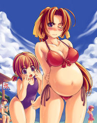 Rule 34 | 1boy, 3:, 3girls, :o, absurdres, age difference, bikini, blue one-piece swimsuit, blush, breasts, child, cleavage, cloud, day, flat chest, food, fruit, highres, kooribata, large breasts, long hair, medium breasts, mil (xration), multiple girls, non-web source, one-piece swimsuit, one eye closed, open mouth, pregnant, red bikini, red hair, side-tie bikini bottom, size difference, sky, swimsuit, thighs, very long hair, watermelon, wink