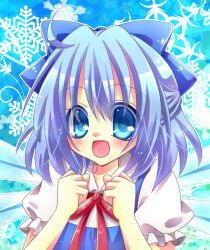 Rule 34 | 1girl, :d, artist request, bad id, bad pixiv id, blue eyes, blue hair, bow, cirno, clenched hands, hair bow, matching hair/eyes, momomiya mion, open mouth, short hair, smile, solo, embodiment of scarlet devil, touhou, wings