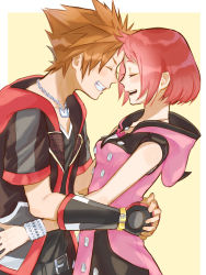 Rule 34 | 1boy, 1girl, belt, bracelet, brown hair, closed eyes, fingerless gloves, forehead-to-forehead, gloves, heads together, highres, hood, hoodie, hug, jewelry, kairi (kingdom hearts), kingdom hearts, kingdom hearts iii, mihau my, necklace, open mouth, red hair, short hair, sleeveless, smile, sora (kingdom hearts), upper body, v-neck