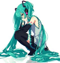 Rule 34 | 1girl, bare shoulders, black footwear, black skirt, black sleeves, black thighhighs, blush, boots, closed mouth, commentary, frilled shirt, frills, full body, green eyes, green hair, grey shirt, hair between eyes, hatsune miku, headphones, highres, long hair, long sleeves, mamyouda, pleated skirt, reflection, shirt, skirt, sleeveless, sleeveless shirt, solo, squatting, thigh boots, thighhighs, tiptoes, twintails, very long hair, vocaloid, white background, wide sleeves