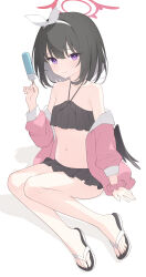 Rule 34 | 1girl, absurdres, bare shoulders, bikini, bikini under clothes, black bikini, black choker, black footwear, black hair, blue archive, choker, closed mouth, collarbone, commentary request, food, full body, hair ribbon, hairband, halo, halterneck, hand up, highres, holding, holding food, ice cream, jacket, jyt, long sleeves, looking at viewer, mashiro (blue archive), mashiro (swimsuit) (blue archive), navel, off shoulder, official alternate costume, open clothes, open jacket, pink jacket, pink scrunchie, puffy long sleeves, puffy sleeves, purple eyes, ribbon, sandals, scrunchie, shadow, simple background, smile, solo, stomach, swimsuit, white background, white hairband, white ribbon, winged halo, wrist scrunchie