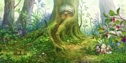 Rule 34 | 10s, 3girls, black hair, blonde hair, braid, brown hair, bug, chair, day, dress, flower, food, forest, fruit, green theme, hakumei (hakumei to mikochi), hakumei to mikochi, hat, highres, house, konju (hakumei to mikochi), long hair, looking at another, mikochi (hakumei to mikochi), mini person, minigirl, multiple girls, nature, official art, open mouth, outdoors, plant, raspberry, ribs, scenery, short hair, stairs, standing, table, tree, treehouse