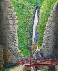 Rule 34 | bridge, colored pencil (medium), fern, highres, hill, nakanaori31, no humans, original, plant, rock, scenery, stairs, traditional media, water, waterfall