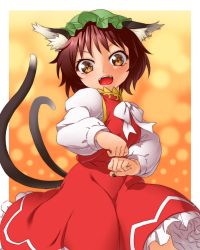 Rule 34 | 1girl, animal ears, blonde hair, brown hair, cat ears, cat tail, chen, clenched hands, earrings, hat, highres, jewelry, long sleeves, multiple tails, onsoku inu, short hair, skirt, skirt set, smile, solo, tail, touhou