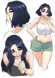 Rule 34 | 1girl, bad id, bad pixiv id, black hair, camisole, crop top, eating, feet out of frame, food, green shorts, hand on own hip, ice cream, ice cream cone, long hair, midriff, multiple views, navel, original, royal tea, short hair, shorts, simple background, white background