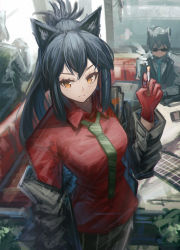 Rule 34 | 1boy, 1girl, absurdres, animal ears, arknights, black hair, black jacket, black pants, cigarette, collared shirt, couch, dress shirt, franlol, frown, green necktie, highres, holding, holding cigarette, indoors, jacket, long hair, looking at viewer, necktie, off shoulder, official alternate costume, open clothes, open jacket, pants, ponytail, red shirt, shirt, smoke, solo focus, split mouth, texas (arknights), texas (willpower) (arknights), v-shaped eyebrows, wolf ears, yellow eyes