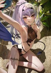 Rule 34 | 1girl, :q, absurdres, armpits, bare shoulders, bikini, black bikini, breasts, brown eyes, cellphone, dragon wings, fate/grand order, fate (series), fingernails, forked eyebrows, green nails, high ponytail, highres, holding, holding phone, licking lips, long hair, looking at viewer, melusine (fate), melusine (swimsuit ruler) (fate), melusine (swimsuit ruler) (first ascension) (fate), nail polish, nanaken nana, phone, selfie, sidelocks, small breasts, smile, solo, swimsuit, tail, thighlet, thighs, tongue, tongue out, white hair, wings