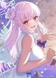Rule 34 | 1girl, absurdres, angel wings, blue archive, blush, breasts, dress, feathered wings, flower, hair bun, hair flower, hair ornament, halo, highres, long hair, looking at viewer, medium breasts, mika (blue archive), open mouth, outdoors, pink hair, pink halo, primamiya, purple flower, single side bun, sleeveless, sleeveless dress, smile, solo, upper body, white dress, white wings, wings, yellow eyes