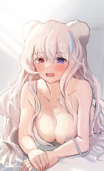 Rule 34 | 1girl, animal ears, arknights, bare shoulders, bear ears, blue hair, blush, breasts, camisole, cleavage, collarbone, gradient background, grey background, heterochromia, highres, large breasts, long hair, lying, multicolored hair, on stomach, open mouth, own hands together, purple eyes, red eyes, red hair, rosa (arknights), silver hair, sleeveless, solo, solokitsune, strap slip, streaked hair, sweat, very long hair