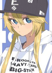 Rule 34 | 1girl, absurdres, alternate costume, baseball cap, black hat, blonde hair, blue eyes, closed mouth, clothes writing, commentary, drawstring, hair between eyes, hat, hato kan, highres, hood, hood down, hoodie, iowa (kancolle), kantai collection, long hair, looking at viewer, simple background, solo, star-shaped pupils, star (symbol), symbol-only commentary, symbol-shaped pupils, upper body, white hoodie