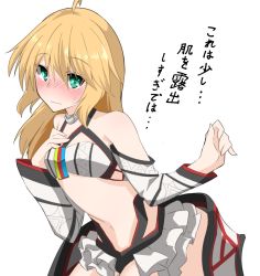 Rule 34 | 10s, 1girl, ahoge, altera (fate), altera (fate) (cosplay), alternate costume, artoria pendragon (fate), bare shoulders, blonde hair, blush, cosplay, detached sleeves, embarrassed, fate/extella, fate/extra, fate/grand order, fate/stay night, fate (series), green eyes, looking at viewer, midriff, navel, revealing clothes, saber (fate), sena kizahashi, simple background, solo, translation request, white background