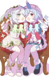 Rule 34 | 2girls, bad tag, black shoes, blush, chair, genshin impact, green eyes, grey hair, hat, holding hands, inaririn, looking at viewer, multiple girls, one eye closed, open mouth, pointy ears, red eyes, sitting, smile, star eyes, white background