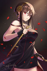 Rule 34 | 1girl, black dress, black hair, blood, bloody weapon, breasts, cowboy shot, dagger, dress, dual wielding, earrings, flower, gold earrings, gold hairband, hair flower, hair ornament, hairband, highres, holding, holding dagger, holding knife, holding weapon, jewelry, knife, large breasts, red eyes, rose, short hair, short hair with long locks, skyrail, solo, spy x family, standing, two-sided dress, two-sided fabric, weapon, yor briar