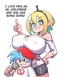 Rule 34 | 1boy, 1girl, absurdres, alternate breast size, amano pikamee, backwards hat, baseball cap, bebatch, black hairband, black shorts, blonde hair, blue hair, blush, boyfriend (friday night funkin&#039;), breast rest, breasts, breasts on head, bright pupils, c:, closed mouth, colored inner hair, commentary, covered erect nipples, crossover, english commentary, english text, friday night funkin&#039;, green eyes, green hair, grin, hairband, hand on own hip, hand up, hat, highres, holding, holding microphone, huge breasts, index finger raised, looking at viewer, microphone, multicolored hair, off-shoulder shirt, off shoulder, pointing, pointing up, shirt, short hair, shorts, simple background, size difference, smile, standing, upper body, v-shaped eyebrows, virtual youtuber, voms, white background, white pupils, white shirt