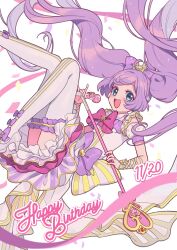Rule 34 | 1girl, :d, ahoge, blush, bow, coattails, confetti, detached sleeves, dress, floating hair, frilled skirt, frilled thighhighs, frills, green eyes, hair bow, hand up, happy birthday, high heels, highres, holding, holding microphone, holding microphone stand, idol clothes, knees up, layered skirt, long hair, looking at viewer, manaka laala, marueri, microphone, microphone stand, midair, multicolored clothes, multicolored dress, open mouth, pretty series, pripara, puffy detached sleeves, puffy sleeves, purple bow, purple hair, shoes, short dress, skirt, sleeveless, sleeveless dress, smile, solo, thighhighs, treble clef, twintails, very long hair, waist bow, white footwear, white sleeves, white thighhighs