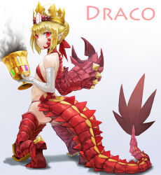 1girl ahoge bikini blonde_hair braid breasts chalice character_name crown cup dragon_claw dragon_tail elbow_gloves facial_mark fate/grand_order fate_(series) gloves hair_bun hair_intakes hair_ribbon kneeling looking_at_viewer looking_back medium_hair nero_claudius_(fate) nero_claudius_(fate)_(all) pointy_ears queen_draco_(fate) queen_draco_(second_ascension)_(fate) red_bikini red_eyes red_ribbon ribbon scales single_glove small_breasts solo sterben swimsuit tail white_gloves