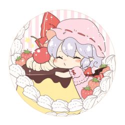 Rule 34 | 1girl, badge, blue hair, blush stickers, button badge, cherry, chibi, closed eyes, dress, food, fruit, hat, hat ribbon, maru usagi, mini person, minigirl, mob cap, hugging object, pink dress, pudding, puffy short sleeves, puffy sleeves, remilia scarlet, ribbon, round image, short sleeves, silver hair, solo, strawberry, touhou, transparent background, whipped cream