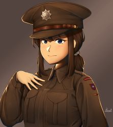 Rule 34 | 1girl, blue eyes, breast pocket, united kingdom, brown hair, brown shirt, closed mouth, collared shirt, hat, hermann, highres, long sleeves, military, military hat, military uniform, original, peaked cap, pocket, ponytail, serious, shirt, signature, solo, uniform, world war ii