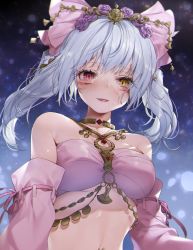 Rule 34 | 1girl, armpit crease, bare shoulders, breasts, collarbone, detached sleeves, eyelashes, facial mark, fictional persona, final fantasy, final fantasy xiv, flower, hair flower, hair ornament, hair ribbon, heterochromia, highres, jewelry, looking at viewer, medium breasts, midriff, navel, open mouth, pink ribbon, pink tube top, pink tubetop, purple eyes, ribbon, silver hair, solo, strapless, tube top, twintails, underboob, upper body, warrior of light (ff14), whisker markings, yana mori, yellow eyes