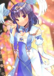 Rule 34 | 1girl, black hair, blue flower, blue hair, blurry, blurry background, brown eyes, closed mouth, commentary request, commission, copyright request, covered navel, depth of field, detached sleeves, dress, feathered wings, flower, hand up, head wings, headpiece, juliet sleeves, kou hiyoyo, long sleeves, looking at viewer, multicolored hair, puffy sleeves, skeb commission, smile, solo, two-tone hair, virtual youtuber, white dress, white wings, wide sleeves, wings