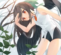 Rule 34 | 1girl, bad id, bad twitter id, bare shoulders, bare tree, black shorts, black wings, bow, brown hair, commentary request, day, green bow, hair bow, hand on forehead, leaning, leaning forward, long hair, looking down, misha (hoongju), plant, red eyes, reiuji utsuho, shading eyes, shirt, shorts, sleeveless, solo, thighs, third eye, touhou, tree, white shirt, wing collar, wings