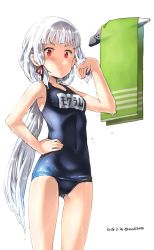Rule 34 | 1girl, alternate hairstyle, blue one-piece swimsuit, cowboy shot, dated, flat chest, hair ribbon, hand on own hip, headgear, kantai collection, long hair, looking at viewer, mundane utility, murakumo (kancolle), name tag, one-piece swimsuit, orange eyes, ribbon, sakura (medilore), school swimsuit, sidelocks, simple background, solo, standing, swimsuit, towel, towel rack, tress ribbon, twitter username, very long hair, wet, white background, white hair