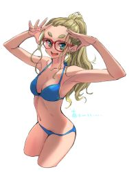 Rule 34 | 1girl, armpits, arms up, bare shoulders, bikini, blonde hair, blue bikini, blue eyes, breasts, cleavage, commentary request, cropped legs, dekomegane, earrings, eyebrows, forehead, glasses, halterneck, high ponytail, highres, jewelry, long hair, looking at viewer, medium breasts, navel, open mouth, original, ponytail, red-framed eyewear, sasetsu, short eyebrows, sidelocks, simple background, smile, solo, stud earrings, swimsuit, thick eyebrows, white background
