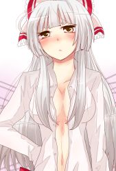 Rule 34 | 1girl, :o, artist request, bad id, bad pixiv id, blunt bangs, blush, bow, breasts, cleavage, female focus, fujiwara no mokou, hair bow, head tilt, highres, large breasts, long hair, looking at viewer, navel, no bra, open clothes, open shirt, sakura (7), shirt, silver hair, simple background, solo, straight hair, touhou, upper body, very long hair, white background, yellow eyes