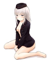 Rule 34 | 10s, 1girl, barefoot, black hat, black jacket, blue eyes, blush, bottomless, breasts, closed mouth, embarrassed, full body, garrison cap, girls und panzer, hat, itsumi erika, jacket, light frown, long hair, looking to the side, medium breasts, military, military uniform, no shirt, open clothes, open jacket, silver hair, simple background, sitting, solo, uniform, viscount shishamo, wariza, white background