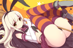 Rule 34 | 10s, 1girl, ass, black panties, blonde hair, broom, elbow gloves, gloves, hairband, halloween, highleg, highleg panties, kantai collection, long hair, looking at viewer, md5 mismatch, midriff, panties, resolution mismatch, sailor collar, shimakaze (kancolle), sketch, skirt, solo, source larger, star (symbol), starry background, striped clothes, striped thighhighs, thighhighs, underwear, watanon (gakushokutei), white gloves
