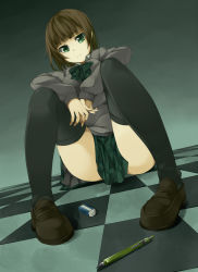 Rule 34 | 1girl, black thighhighs, bow, bowtie, brown hair, checkered floor, dutch angle, eraser, floor, green eyes, loafers, long sleeves, looking at viewer, mechanical pencil, original, pen, pencil, plaid, plaid bow, plaid bowtie, plaid neckwear, plaid skirt, shoes, sitting, skirt, solo, sweater, thighhighs, unasaka ryou