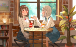 Rule 34 | 2girls, absurdres, blue skirt, blurry, blurry background, blush, brown eyes, brown hair, cafe, chair, collared shirt, commentary request, cup, food, green ribbon, hair between eyes, highres, holding, holding spoon, indoors, long sleeves, multiple girls, open mouth, original, red eyes, ribbon, sen (sennosenn1127), shirt, short hair, silver hair, sitting, skirt, spoon, table, white shirt, window, yuri