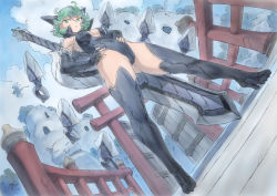 Rule 34 | 1girl, animal, armpits, boots, breasts, bridge, cat, cat statue, cleavage cutout, clothing cutout, curly hair, dagger, fantasy, floating, floating object, floating weapon, greatsword, green eyes, green hair, hands on own hips, highres, knife, levitation, magic, mogudan, monster hunter (series), one-punch man, psychic, small breasts, statue, sword, tatsumaki, telekinesis, unfinished, weapon, weapon on back
