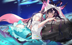 Rule 34 | 1girl, bare shoulders, black hair, bow, closed mouth, commentary request, detached sleeves, eyelashes, facial mark, fate/grand order, fate (series), fins, forehead mark, frills, hair rings, highres, horns, hug (yourhug), long hair, mermaid, monster girl, nail polish, parted bangs, purple nails, ribbon, sessyoin kiara, sessyoin kiara (swimsuit mooncancer), sessyoin kiara (swimsuit mooncancer) (third ascension), solo, very long hair, yellow eyes