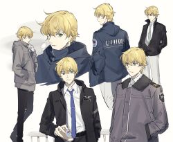 Rule 34 | 1boy, black jacket, blonde hair, blue jacket, blue necktie, closed mouth, collared shirt, commentary request, cup, disposable cup, double-parted bangs, from behind, from side, graham aker, green eyes, grey jacket, gundam, gundam 00, hair between eyes, hand in pocket, highres, holding, holding cup, hood, hood down, hooded jacket, jacket, light smile, long sleeves, looking ahead, looking at viewer, multiple views, nanao parakeet, necktie, open clothes, open jacket, pants, partially unzipped, print jacket, shirt, short hair, simple background, standing, tie clip, upper body, white background, white pants, white shirt