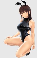 Rule 34 | 1girl, akagi (kancolle), animal ears, bare shoulders, blue one-piece swimsuit, blush, breasts, brown eyes, brown hair, commentary request, competition swimsuit, fake animal ears, full body, grey background, hand on own thigh, high heels, highres, kantai collection, large breasts, long hair, looking at viewer, one-piece swimsuit, on one knee, rabbit ears, shoes, smile, solo, swimsuit, wa (genryusui)