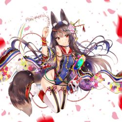 Rule 34 | 1girl, absurdres, animal ear fluff, animal ears, black hair, breasts, colorful, covered navel, duji amo, fox ears, fox tail, highres, jumping, long hair, looking at viewer, original, petals, red eyes, sideboob, small breasts, smile, solo, tail, thighhighs, usagihime