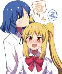Rule 34 | 2girls, ahoge, black bow, blonde hair, blue hair, blush, bocchi the rock!, bow, closed eyes, commentary, english text, highres, hinghoi, ijichi nijika, licking another&#039;s hair, long hair, medium hair, mole, mole under eye, multiple girls, pink bow, side ponytail, sidelocks, simple background, sweatdrop, symbol-only commentary, white background, yamada ryo