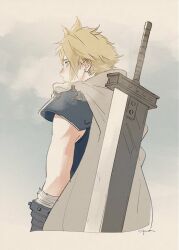 Rule 34 | 1boy, aaco, armor, bandaged arm, bandages, blonde hair, blue shirt, buster sword, cape, cloud strife, earrings, facing away, final fantasy, final fantasy vii, final fantasy vii remake, from behind, gloves, grey cape, highres, jewelry, male focus, outdoors, shirt, short hair, shoulder armor, single earring, sleeveless, sleeveless shirt, solo, spiked hair, square enix, upper body, weapon, weapon on back