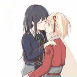 Rule 34 | 2girls, black hair, blonde hair, blue dress, closed eyes, commentary request, dress, hair ribbon, hands on another&#039;s shoulders, highres, imminent kiss, inoue takina, long hair, long sleeves, lycoris recoil, lycoris uniform, masaru (kises j), medium hair, multiple girls, nishikigi chisato, one side up, parted lips, red ribbon, ribbon, shadow, simple background, upper body, white background, yuri