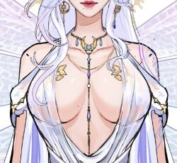 Rule 34 | 1girl, bare shoulders, breast focus, breasts, commentary, english commentary, indie virtual youtuber, jewelry, large breasts, long hair, mole, mole on breast, mole under mouth, necklace, red lips, second-party source, solo, thearchfae, ultracat, virtual youtuber, white hair